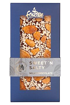 SWEET´N SALTY - mléčná čokoláda, mandle, arašídy, med a sůl čerstvě vyrobené a balené přímo z balírny Frutree