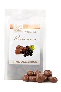 Fine Delicious - rozinky v mléčné čokoládě čerstvě vyrobené a balené přímo z balírny Frutree